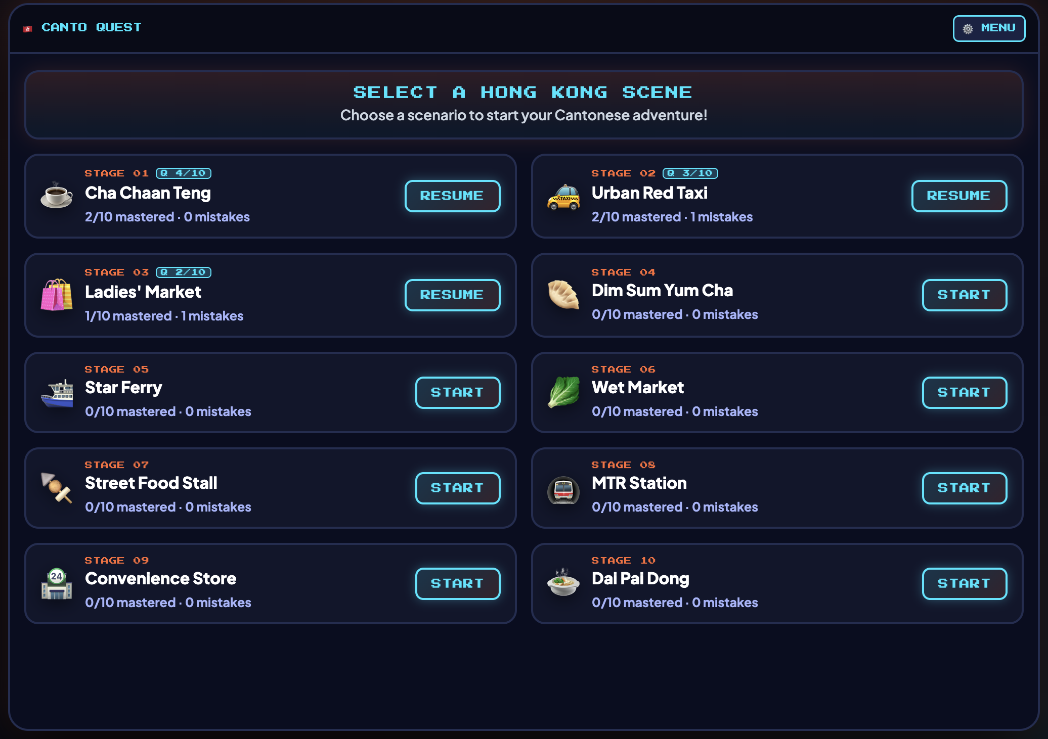 Canto Quest game screenshot showing ten Hong Kong scenarios, including a cha chaan teng, taxi, market and MTR station